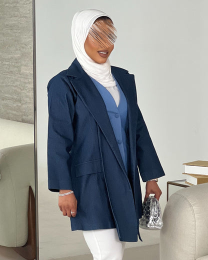 Denim — navy denim women's blazer with built-in vest | Vivido Boutique Kuwait