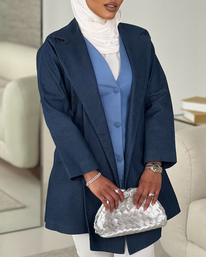 Denim navy denim blazer with vest, view 2 | Vivido Boutique Kuwait