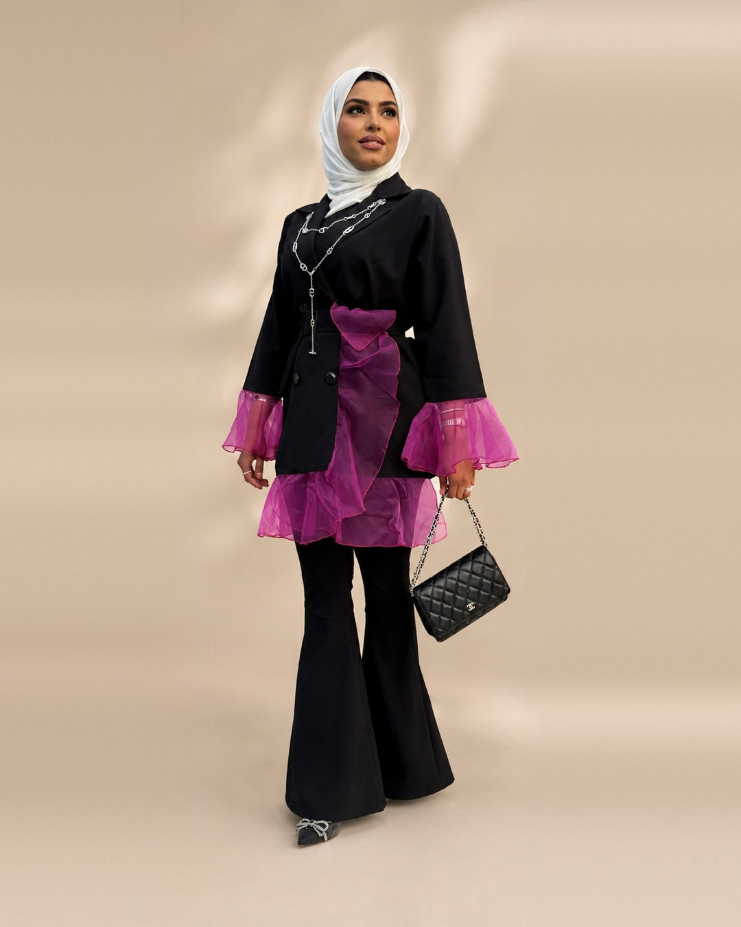 Blackberry black blazer with fuchsia organza, view 2 | Vivido Boutique Kuwait