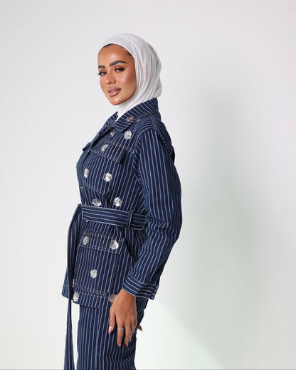 Jeans striped denim two-piece set, view 3 | Vivido Boutique Kuwait