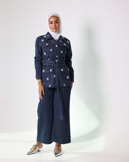 Jeans — striped denim two-piece set, belted shirt and wide trousers | Vivido Boutique Kuwait