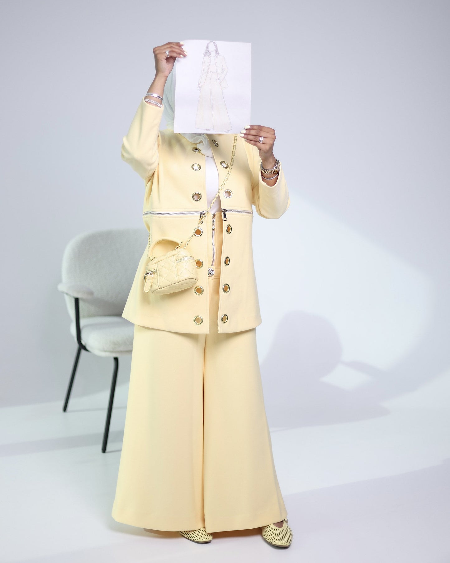 Butter yellow suit blazer and wide-leg trousers, view 6 | Vivido Boutique Kuwait