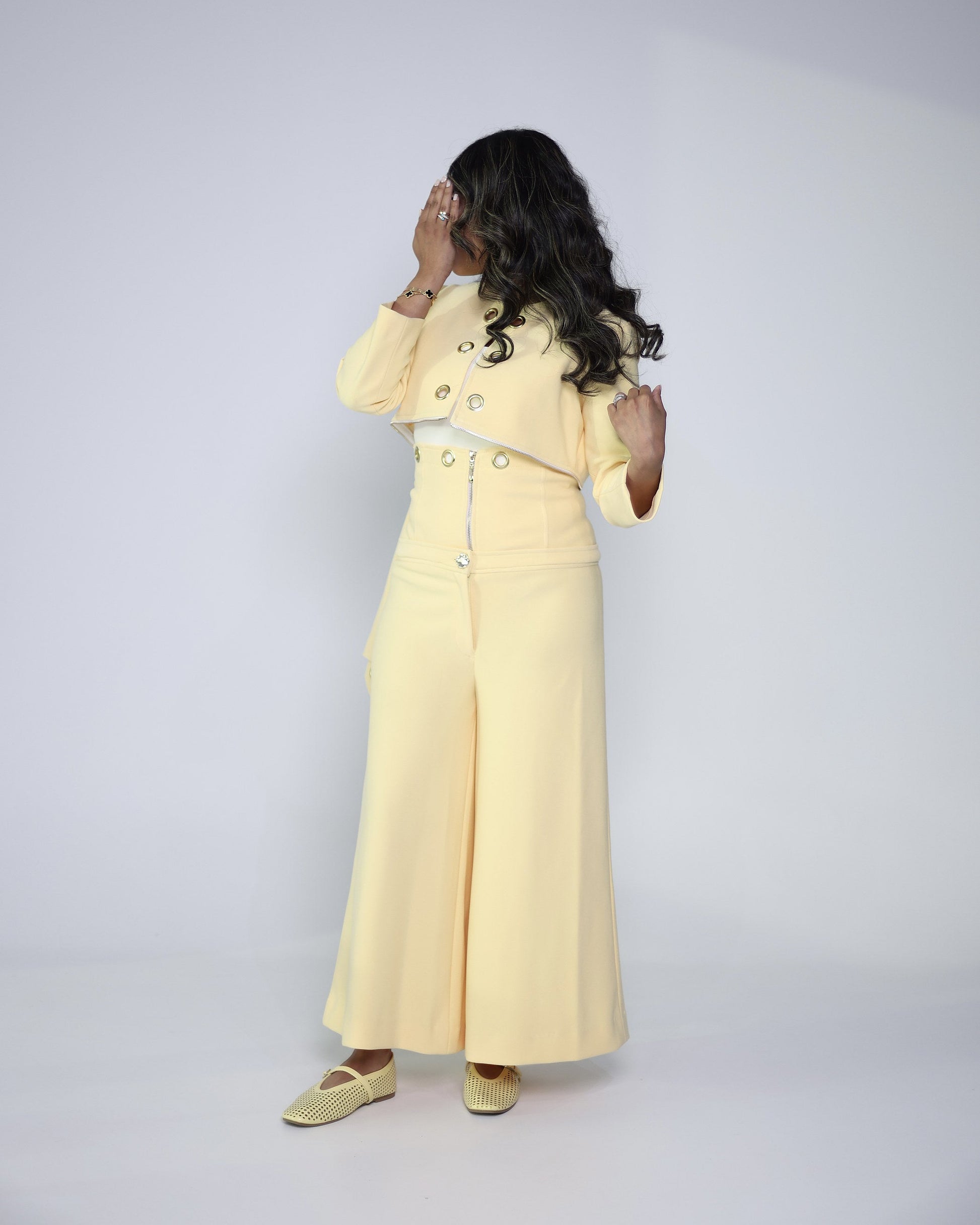 Butter yellow suit blazer and wide-leg trousers, view 3 | Vivido Boutique Kuwait